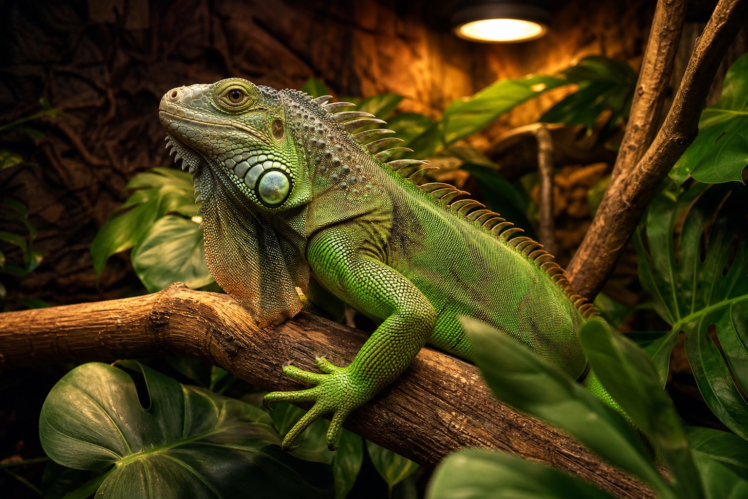 Iguane vert en pleine santé dans un terrarium tropical idéal
